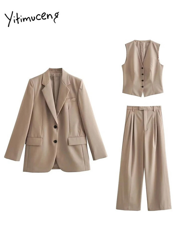 Yitimuceng brīvi trīsdaļīgi komplekti biroja apģērbam sievietēm, 2023. gada jauns modes žakete ar garām piedurknēm, eleganti pogām vestes, vintage bikškostīmi