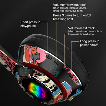 Слушалки Graffiti Bluetooth 5.1 DJ слушалки Безжичен геймър с микрофон RGB LED светлина за деца PC Gamer Поддръжка на слушалки TF карта