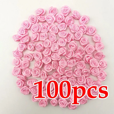 (100 db/csomag) 10*10mm-es mini friss rózsaszín szalag virágok kis méretű szatén szalag művirág kézműves ünnepi parti dekoráció
