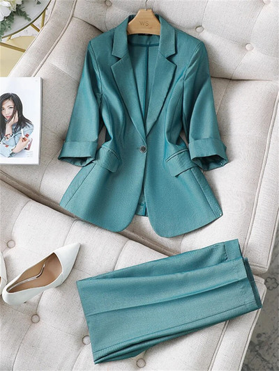 Yitimuceng Solid Sieviešu uzvalki Biroja komplekti 2023. gada jauns modes apkakle ar vienu pogu bleizeri Eleganti bikškostīmi ar augstu vidukli