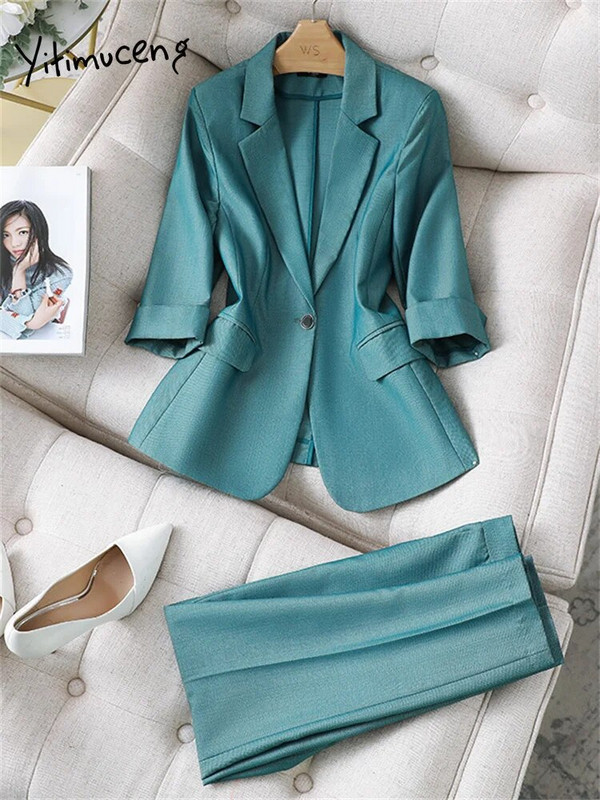 Yitimuceng Solid Sieviešu uzvalki Biroja komplekti 2023. gada jauns modes apkakle ar vienu pogu bleizeri Eleganti bikškostīmi ar augstu vidukli