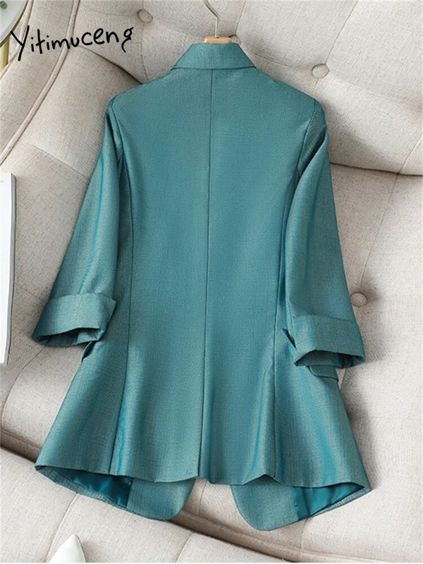 Yitimuceng Solid Sieviešu uzvalki Biroja komplekti 2023. gada jauns modes apkakle ar vienu pogu bleizeri Eleganti bikškostīmi ar augstu vidukli