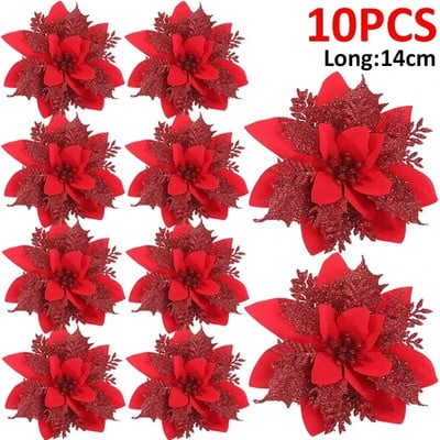5/10 gab. Mirdzoši Ziemassvētku ziedi Mākslīgie Ziemassvētki Ziedu Viltus Ziedi Ziemassvētku eglīšu kulonu rotājumi Jaungada ballītes dekors