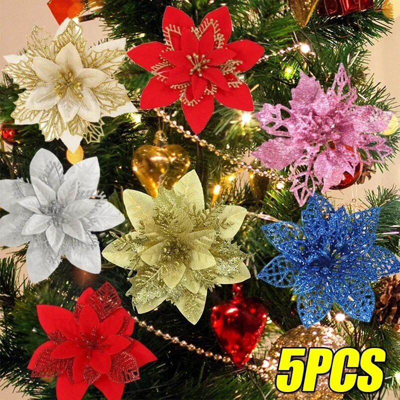 5/10 gab. Mirdzoši Ziemassvētku ziedi Mākslīgie Ziemassvētki Ziedu Viltus Ziedi Ziemassvētku eglīšu kulonu rotājumi Jaungada ballītes dekors