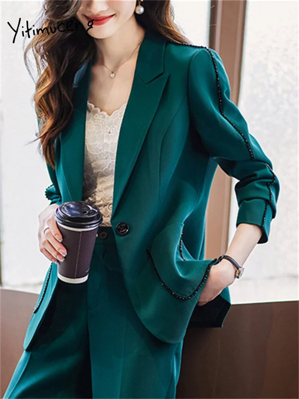 Yitimuceng kávé színű kétrészes készletek, női 2023 elegáns irodai női egygombos blézer, új divat, alkalmi nadrágkosztümök