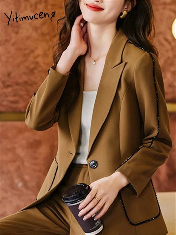 Yitimuceng kávé színű kétrészes készletek, női 2023 elegáns irodai női egygombos blézer, új divat, alkalmi nadrágkosztümök