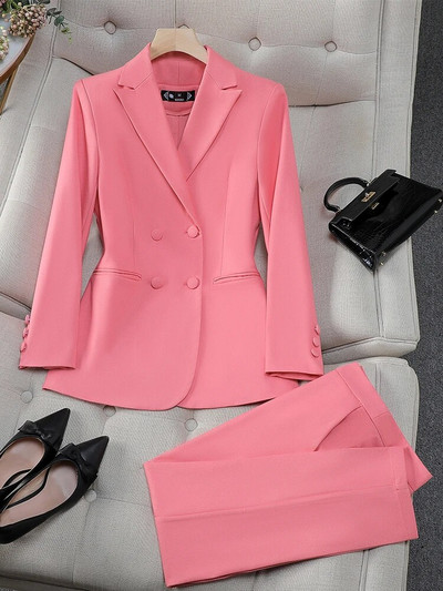 Modni uredski ženski svečani komplet s hlačama Ženska plava ružičasta žuta ženska poslovna radna odjeća 2-dijelni sako i hlače