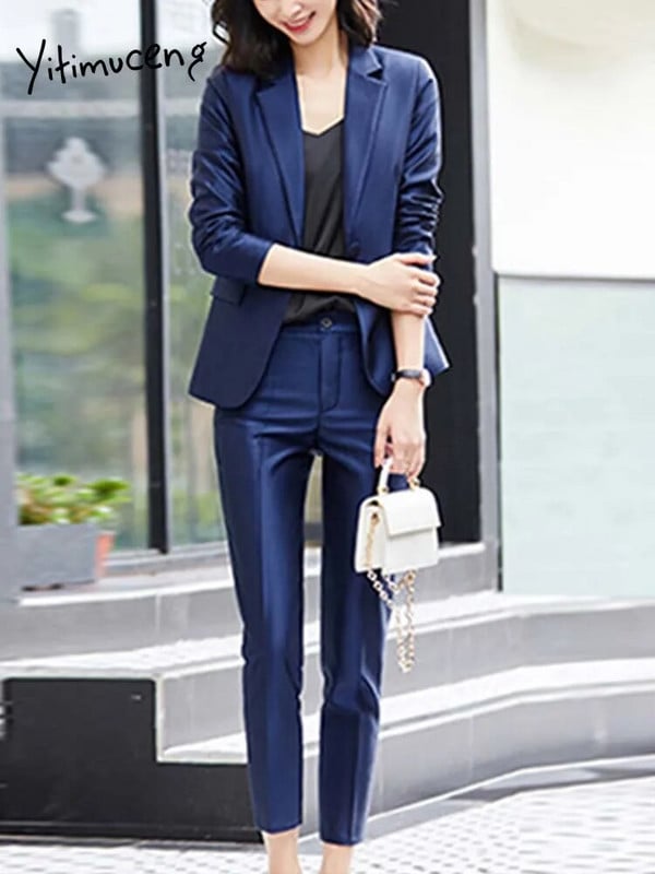 Yitimuceng spilgta zīda divu gabalu komplekti, sieviešu 2023. gada biroja dāmu apkakles, vienas pogas bleizeri, somi, šauri bikses, kostīmi