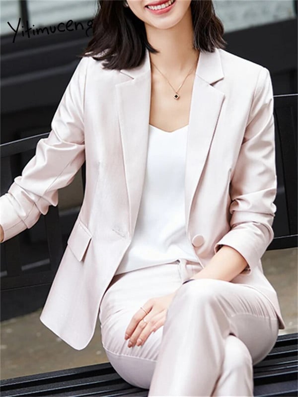 Yitimuceng spilgta zīda divu gabalu komplekti, sieviešu 2023. gada biroja dāmu apkakles, vienas pogas bleizeri, somi, šauri bikses, kostīmi