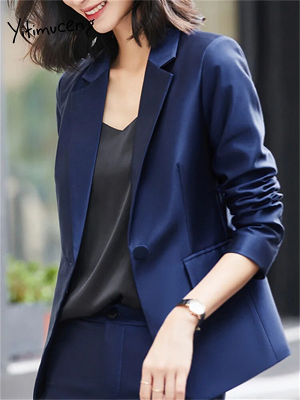 Yitimuceng spilgta zīda divu gabalu komplekti, sieviešu 2023. gada biroja dāmu apkakles, vienas pogas bleizeri, somi, šauri bikses, kostīmi