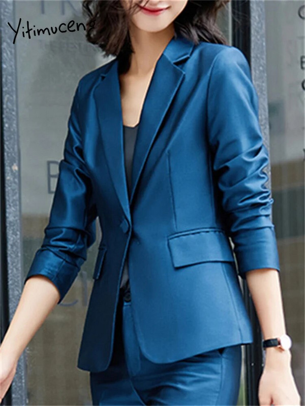 Yitimuceng spilgta zīda divu gabalu komplekti, sieviešu 2023. gada biroja dāmu apkakles, vienas pogas bleizeri, somi, šauri bikses, kostīmi