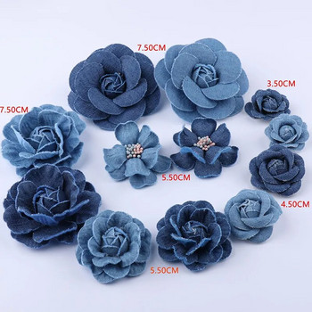 5τμχ/παρτίδα Μπλε Τζιν Υφασμα Λουλούδια Ρούχα Καπέλα Φόρεμα Διακόσμηση Λουλούδι Χειροποίητη Κεφαλή Craft DIY Αξεσουάρ μαλλιών Προμήθειες