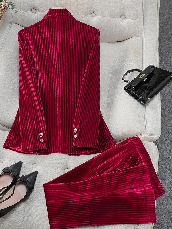 Modno crveno zeleno crno plavo žensko odijelo s hlačama Ženska ženska radna odjeća Svečana jakna Sako i komplet hlača na pruge od 2 komada