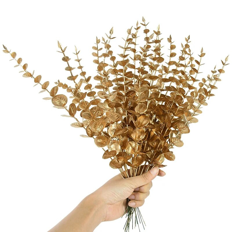 10 komada Zlatne stabljike eukaliptusa Umjetno lišće eukaliptusa Grane za vjenčanje Središnji cvijet Cvjetni aranžman Uređenje doma