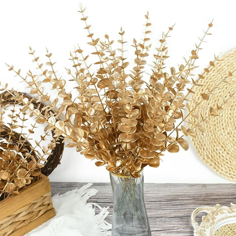 10 komada Zlatne stabljike eukaliptusa Umjetno lišće eukaliptusa Grane za vjenčanje Središnji cvijet Cvjetni aranžman Uređenje doma