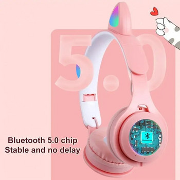 Сладка котка Bluetooth слушалки Безжични слушалки Музикални слушалки с микрофон за Iphone 14 13 PC Поддръжка TF карта Деца Момичета Подаръци