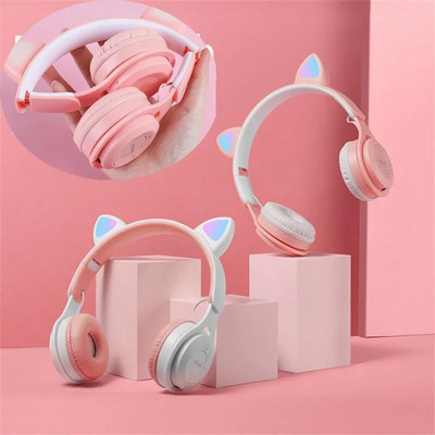 Cute Cat Bluetooth Austiņas Bezvadu austiņas Mūzikas Austiņas Ar Mikrofonu Iphone 14 13 PC Atbalsts TF Karte Bērni MeitenesDāvanas