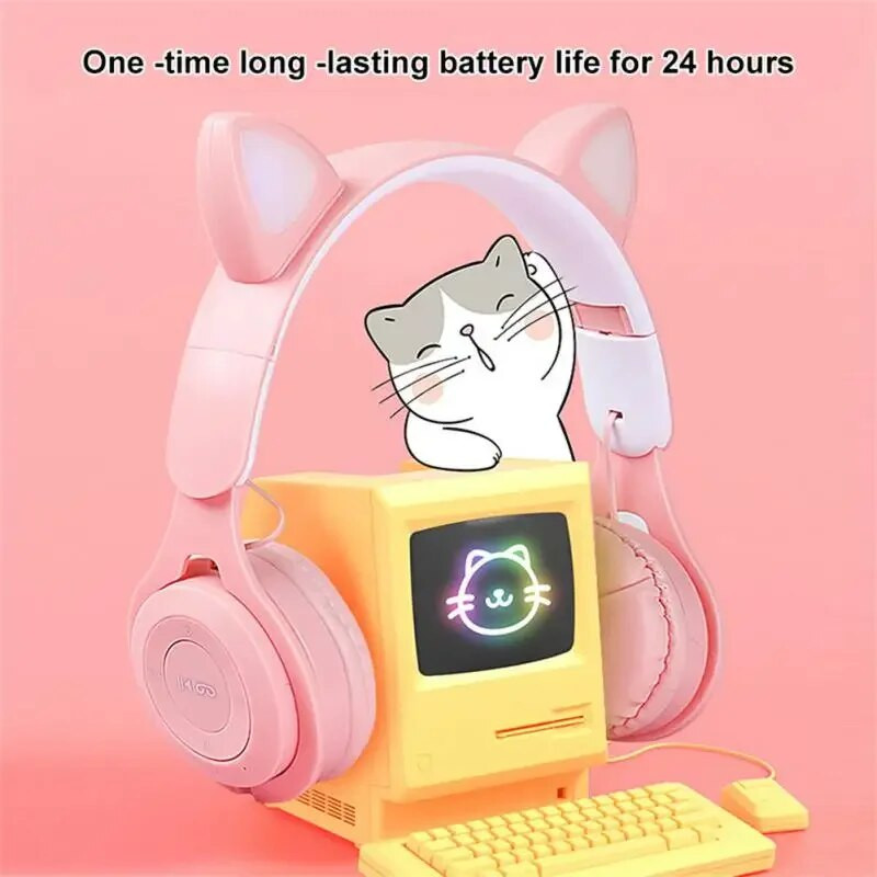 Aranyos macska Bluetooth fejhallgató vezeték nélküli fejhallgató zenei fülhallgató mikrofonnal iPhone 14 13 számítógéphez támogatás TF kártya gyerekeknek lányok ajándékok
