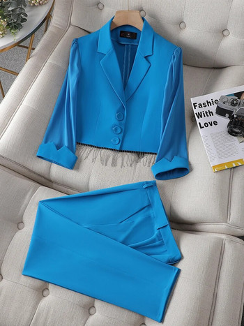 Γυναικείο παντελόνι μαύρο λευκό μπλε μισό μανίκι λεπτό κοντό σακάκι και παντελόνι Γυναικείο επαγγελματικό σετ 2 τεμαχίων για το καλοκαίρι