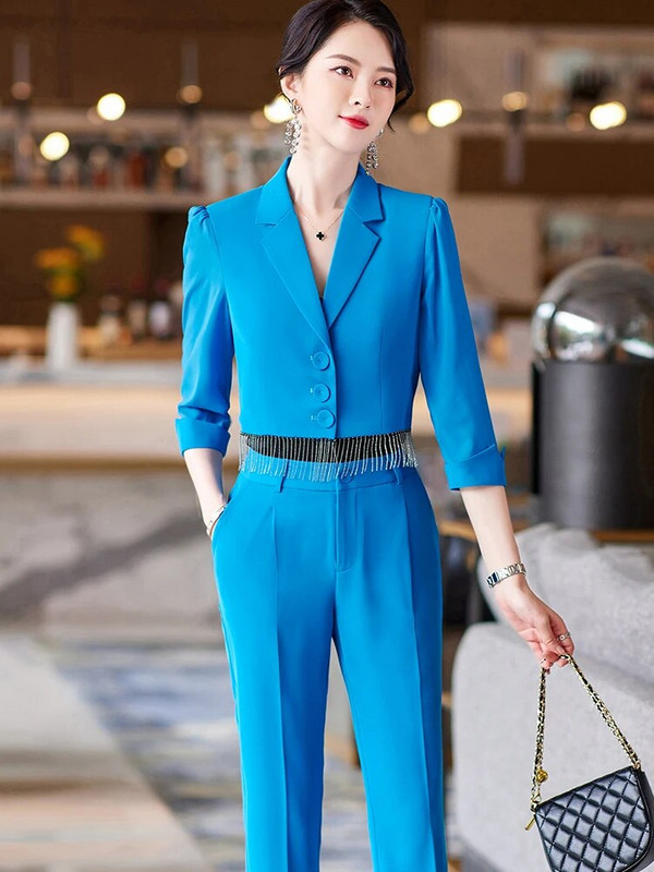 Sieviešu bikškostīms, melns balts zils, puspiedurknes, šaurs īss žakete un bikses, sieviešu lietišķais darba apģērbs, 2 daļīgs komplekts vasarai