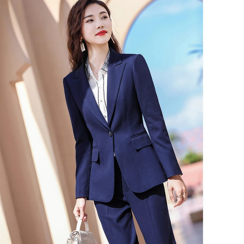 Augstas kvalitātes biroja sieviešu sieviešu ziemas formāls bikškostīms darbam Sieviešu khaki zils sarkans ciets divdaļīgs komplekts žakete un bikses