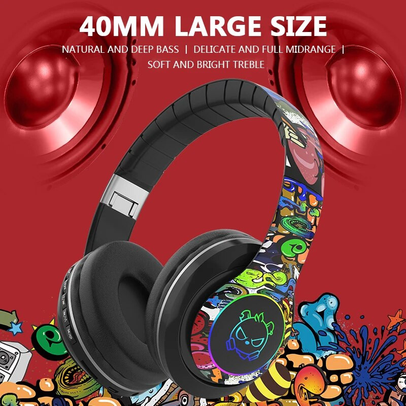 Ragyogó Bluetooth fejhallgató King kong Graffiti vezeték nélküli fülhallgató mikrofonos zajcsökkentéssel fejhallgató HiFi Deep Bass gamer headset