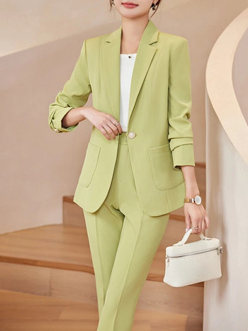 Γυναικείο κοστούμι παντελόνι blazer πράσινο χακί βερίκοκο Γυναικείο επαγγελματικό μπουφάν και παντελόνι Επίσημο σετ 2 τεμαχίων με τσέπη