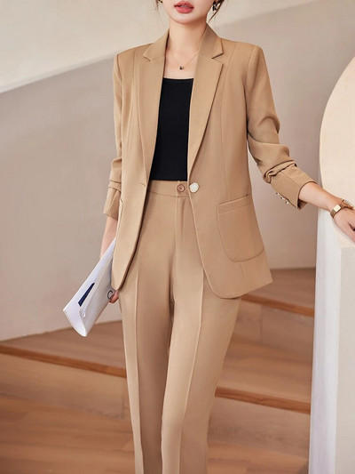 Női blézer nadrágkosztüm, zöld, khaki, sárgabarack, női munkaruha, kabát és nadrág, formális, 2 részes szett zsebbel