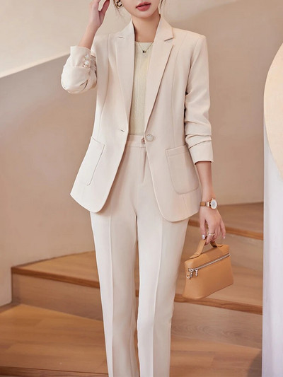 Női blézer nadrágkosztüm, zöld, khaki, sárgabarack, női munkaruha, kabát és nadrág, formális, 2 részes szett zsebbel