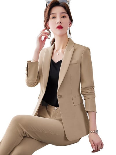 Γυναικείο μπεζ χακί μαύρο επίσημο παντελόνι Γυναικείο μονόχρωμο σακάκι και παντελόνι σετ 2 τεμαχίων για γυναικεία χειμερινά ρούχα εργασίας