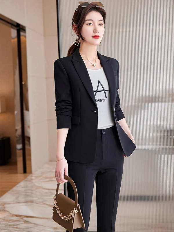 Γυναικείο μπεζ χακί μαύρο επίσημο παντελόνι Γυναικείο μονόχρωμο σακάκι και παντελόνι σετ 2 τεμαχίων για γυναικεία χειμερινά ρούχα εργασίας