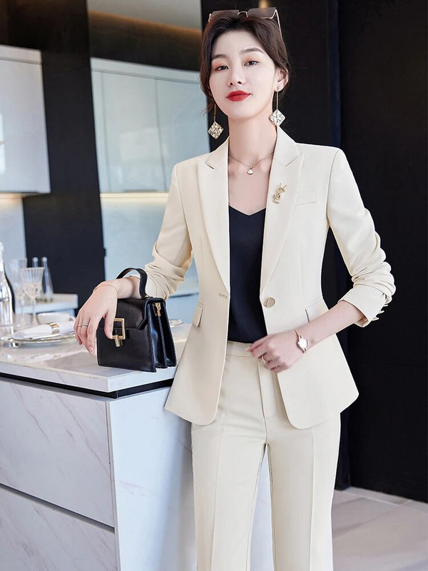 Γυναικείο μπεζ χακί μαύρο επίσημο παντελόνι Γυναικείο μονόχρωμο σακάκι και παντελόνι σετ 2 τεμαχίων για γυναικεία χειμερινά ρούχα εργασίας