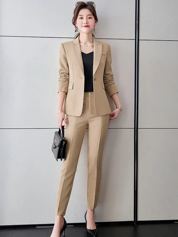 Γυναικείο μπεζ χακί μαύρο επίσημο παντελόνι Γυναικείο μονόχρωμο σακάκι και παντελόνι σετ 2 τεμαχίων για γυναικεία χειμερινά ρούχα εργασίας