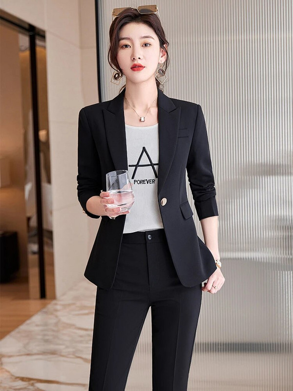 Γυναικείο μπεζ χακί μαύρο επίσημο παντελόνι Γυναικείο μονόχρωμο σακάκι και παντελόνι σετ 2 τεμαχίων για γυναικεία χειμερινά ρούχα εργασίας