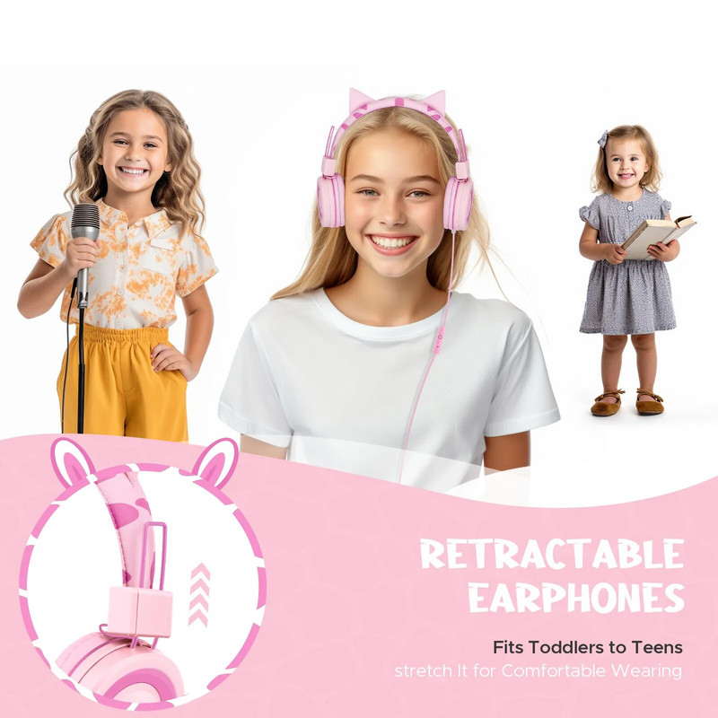 Bērnu kaķu ausu austiņas bērniem, jaukas, vadu austiņas skolniecēm ar mikrofonu un 85 dB skaļuma ierobežojumu iPad/Kindle/Fire planšetdatoram