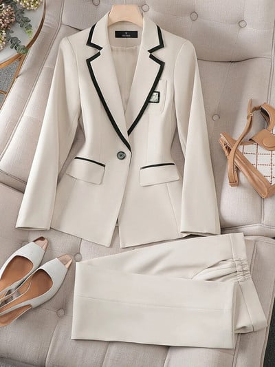 Modes pelēks melns aprikožu sieviešu bikškostīms biroja sieviešu žakete un bikses, formāls 2 daļīgs komplekts rudens ziemai