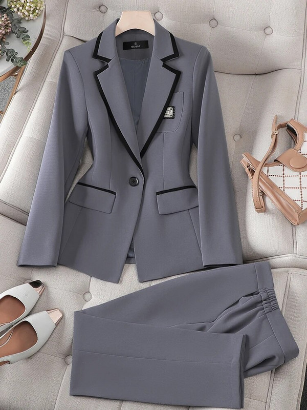 Modes pelēks melns aprikožu sieviešu bikškostīms biroja sieviešu žakete un bikses, formāls 2 daļīgs komplekts rudens ziemai