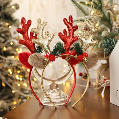 Коледна лента за глава Xmas Elk Horn Bell с пайети Коледна лента за коса Честита Нова Година Подпори за снимки Весела Коледа Декор Подаръци за деца
