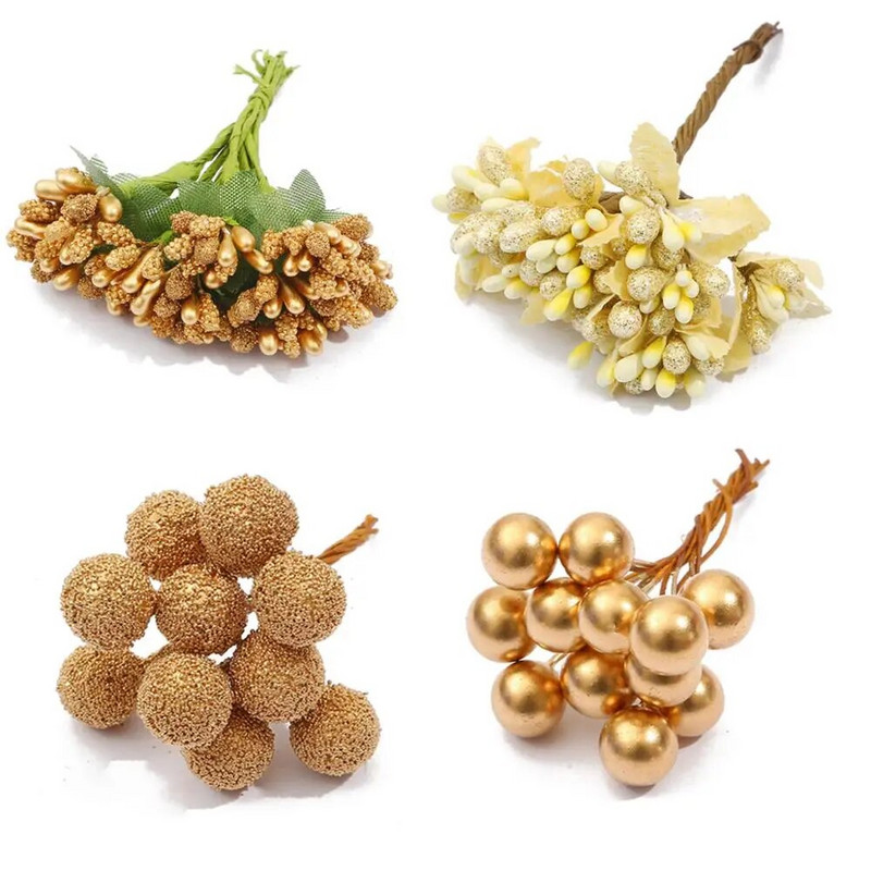 10/12/60/90/144 db Arany vegyes hibrid virág cseresznye porzó bogyók köteg barkács torta karácsonyi esküvői ajándékdoboz koszorúk dekoráció