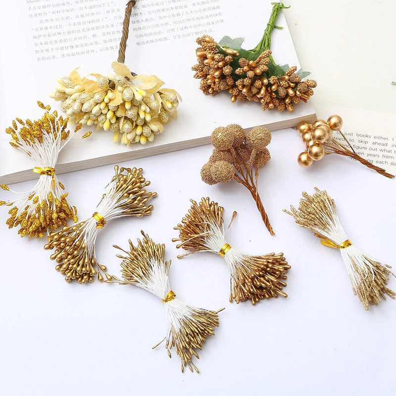 10/12/60/90/144 db Arany vegyes hibrid virág cseresznye porzó bogyók köteg barkács torta karácsonyi esküvői ajándékdoboz koszorúk dekoráció