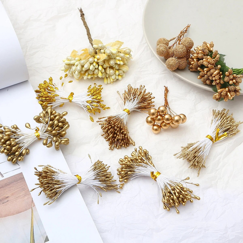 10/12/60/90/144 db Arany vegyes hibrid virág cseresznye porzó bogyók köteg barkács torta karácsonyi esküvői ajándékdoboz koszorúk dekoráció