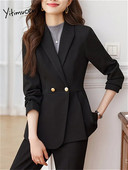 Yitimuceng Jednobojna ženska odijela Uredski kompleti 2023. Modni uski sakoi s dvostrukim kopčanjem dugih rukava Elegantna odijela s hlačama visokog struka