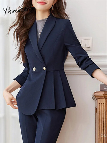 Yitimuceng Στερεά γυναικεία κοστούμια Σετ γραφείου 2023 Μόδα μακρυμάνικο διπλό στήθος Slim blazers Κομψά ψηλόμεσα παντελόνια