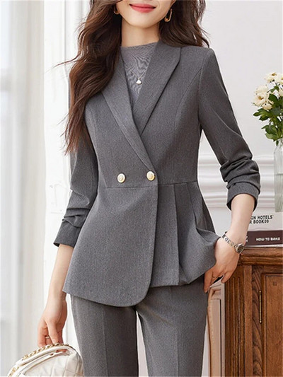Yitimuceng Jednobojna ženska odijela Uredski kompleti 2023. Modni uski sakoi s dvostrukim kopčanjem dugih rukava Elegantna odijela s hlačama visokog struka