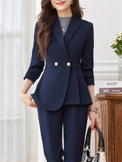 Yitimuceng Jednobojna ženska odijela Uredski kompleti 2023. Modni uski sakoi s dvostrukim kopčanjem dugih rukava Elegantna odijela s hlačama visokog struka