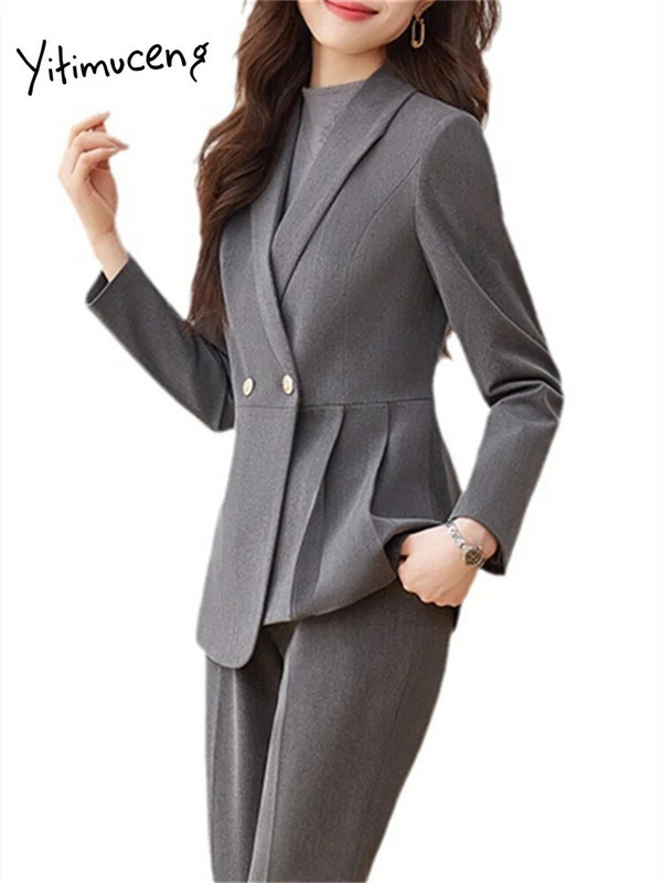 Yitimucengi soliidsed naiste ülikonnad kontorikomplektid 2023. aasta moodsad pikkade varrukatega kaherealised õhukesed bleiserid, elegantsed kõrge vöökohaga pükskostüümid