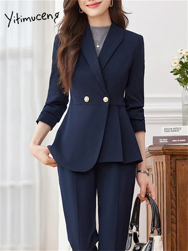 Yitimucengi soliidsed naiste ülikonnad kontorikomplektid 2023. aasta moodsad pikkade varrukatega kaherealised õhukesed bleiserid, elegantsed kõrge vöökohaga pükskostüümid