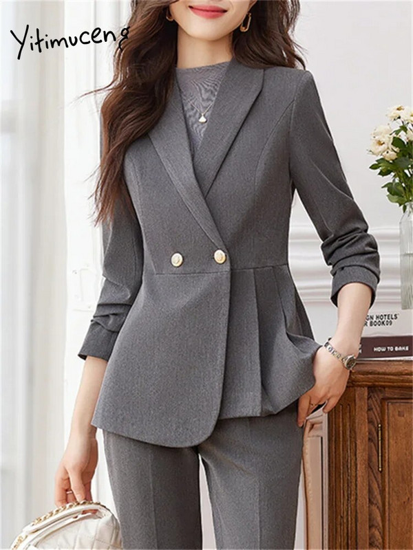 Yitimucengi soliidsed naiste ülikonnad kontorikomplektid 2023. aasta moodsad pikkade varrukatega kaherealised õhukesed bleiserid, elegantsed kõrge vöökohaga pükskostüümid
