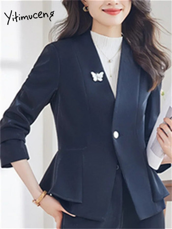 Yitimuceng Κομψά σετ δύο τεμαχίων Γυναικεία ρούχα 2023 Κομψά κοστούμια με μονό κουμπί γιακά με μονό κουμπί Chic Blazer Casual Solid Flare κοστούμια