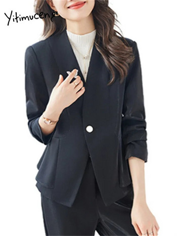 Yitimuceng Κομψά σετ δύο τεμαχίων Γυναικεία ρούχα 2023 Κομψά κοστούμια με μονό κουμπί γιακά με μονό κουμπί Chic Blazer Casual Solid Flare κοστούμια